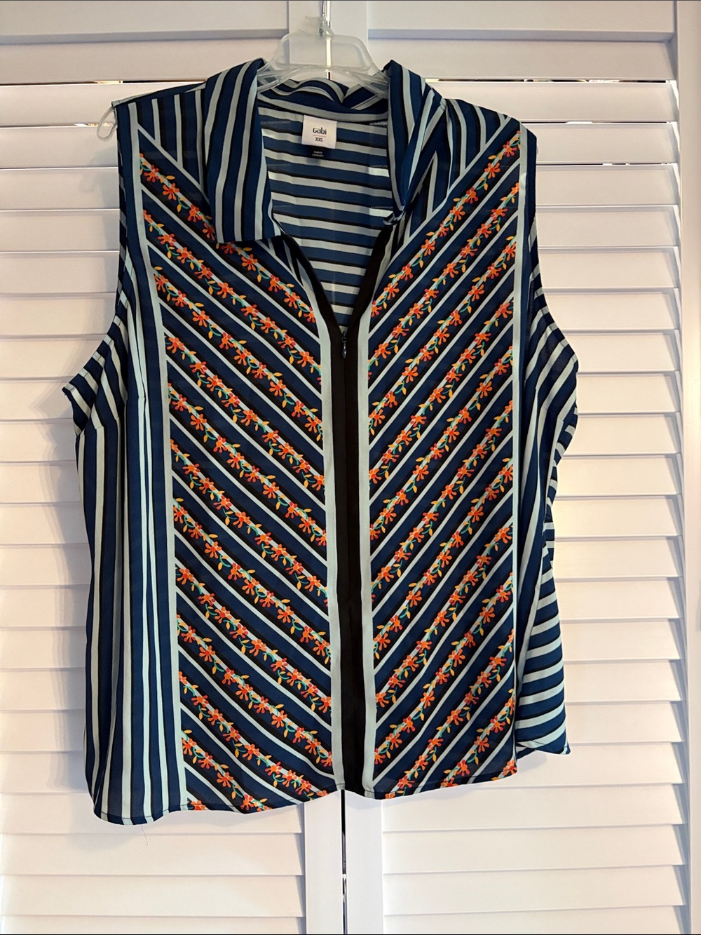 Navy Striped Sleeveless Zip Front Blouse with Floral Detail